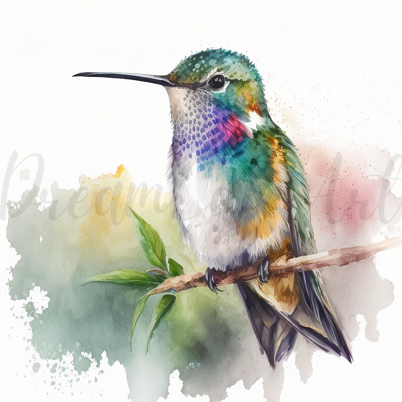 May include: Watercolor painting of a hummingbird perched on a branch. The bird features iridescent green, blue, purple, and yellow feathers. The background has soft watercolor washes of green, pink, and yellow.