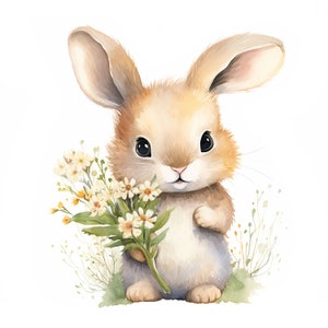 14 Bunnies with Flowers JPGs, Bunny clipart,Cute bunny,Commercial use,Digital Download,Watercolor Clipart,Card Making,Clip Art,Digital Craft