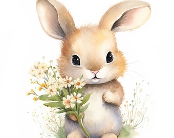 14 Bunnies with Flowers JPGs, Bunny clipart,Cute bunny,Commercial use,Digital Download,Watercolor Clipart,Card Making,Clip Art,Digital Craft