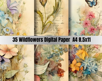 35 Wildflowers Digital Paper Set A4, Spring Flowers Junk Journal Paper, Printable Spring Meadow, Digital Scrapbooking