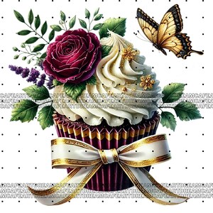 Puede incluir: Un cupcake con glaseado blanco y chispas doradas, decorado con una rosa roja, flores moradas y hojas verdes. Una mariposa amarilla vuela sobre el cupcake.