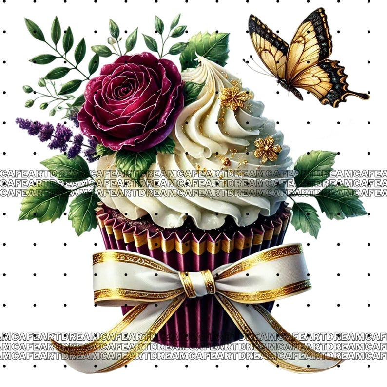 Puede incluir: Un cupcake con glaseado blanco y chispas doradas, decorado con una rosa roja, flores moradas y hojas verdes. Una mariposa amarilla vuela sobre el cupcake.