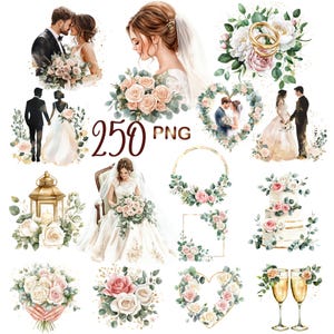 May include: Watercolor illustrations of wedding elements, including couples, bouquets, floral arrangements, wedding cake, and champagne glasses. The image includes the text "250 PNG". The color palette features soft pinks, greens, and gold.