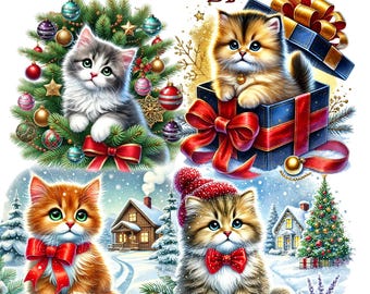 21 PNG set 8 Christmas Kitten clipart bundle,  Meowy Christmas Clipart,Holiday Clipart Digital Download, Unlimited Commercial Use Crafts