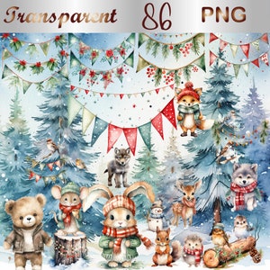 86 Watercolor Woodland Christmas Clipart PNG, Transparent PNG,Watercolor Winter,Cute Forest Animal,Commercial Use,Printable,Digital Download