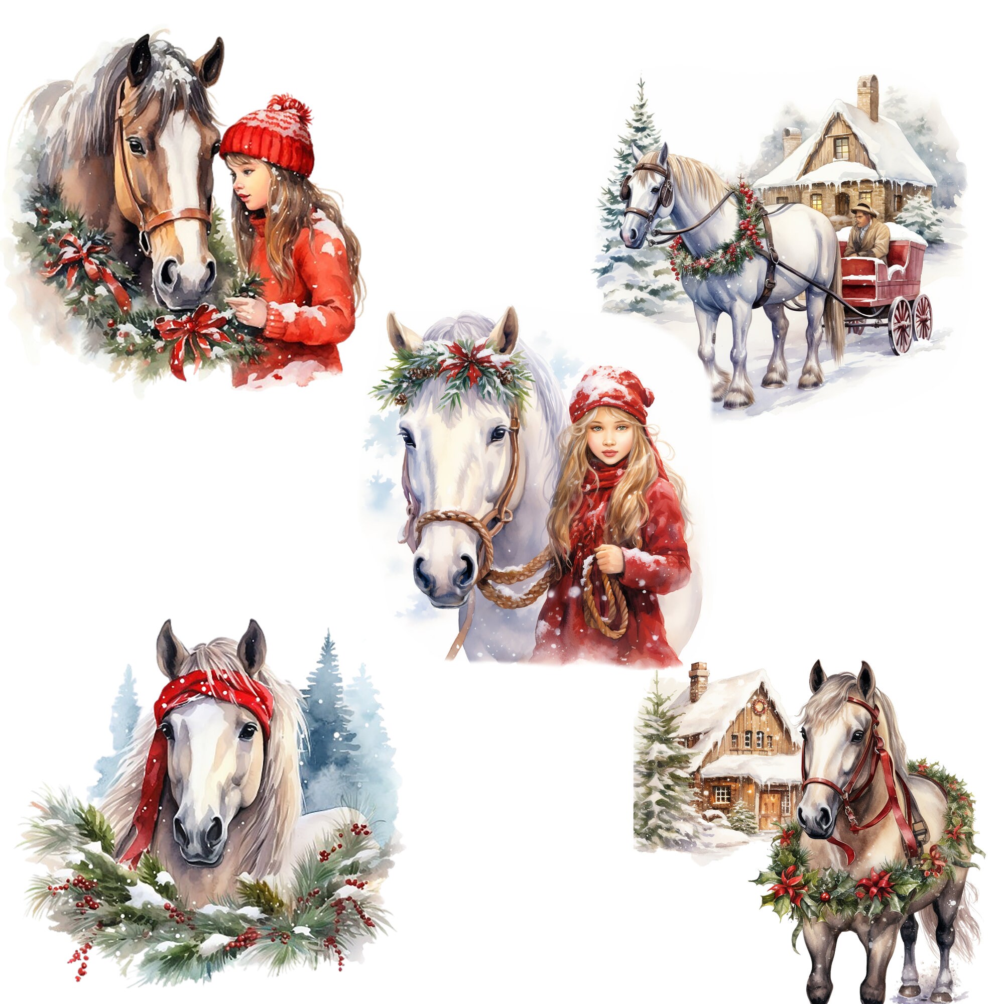 13 PNG, Christmas Horse Clipart Bundle, Watercolor Clipart PNG, Horse ...