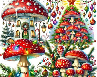 30 PNG Christmas Mushrooms Clipart Bundle, Festive Mushroom Illustrations Designs, Instant Digital Download, Commercial Use