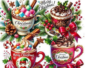 25  PNG set 1, Christmas Drinks Clipart bundle, Festive Beverage Illustrations designs, Instant Digital Download, Unlimited Commercial Use