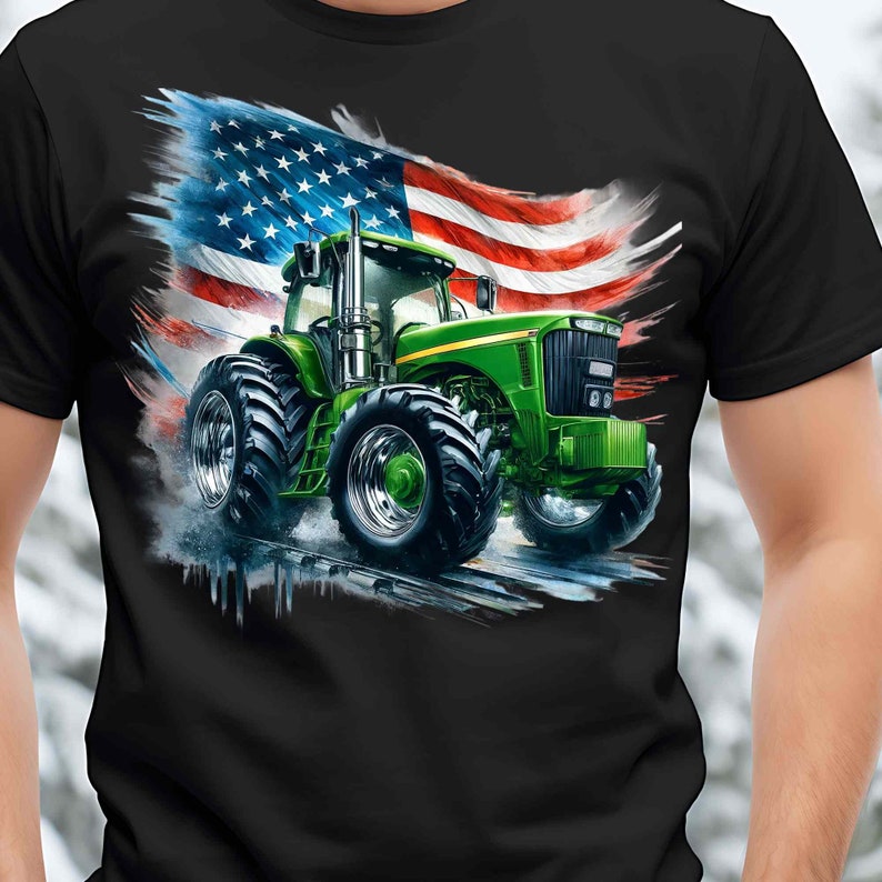 K&ouml;nnte beinhalten: Ein gr&uuml;ner Traktor mit einer amerikanischen Flagge im Hintergrund. Der Traktor f&auml;hrt auf einer unbefestigten Stra&szlig;e. Die Flagge weht im Wind.