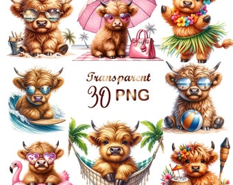 30 png, cute highland cow clipart bundle, Happy Highland Cow clipart, Summer Highland Cow Clipart, highland Cow Funny Baby Cow,DTF, UV DTF