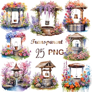 25 PNGs Water Well Clipart, Watercolor Spring Wells Clipart, Nursery Art, Digital Download,Card Making, Well Clipart, Digital Paper Craft