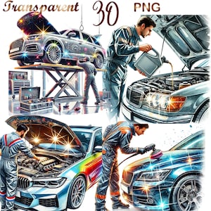 May include: Four illustrations of mechanics working on cars. The first image shows a mechanic working on a silver car on a lift. The second image shows a mechanic adding oil to a silver car. The third image shows a mechanic working on the engine of a blue car. The fourth image shows a mechanic polishing a blue car.
