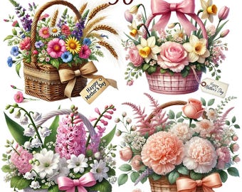 50 PNG Mother's Day Warmth Clipart, Happy Mother's day Clipart, Flowers with Love art, Basket of flowers, Digital Download, Commercial Use