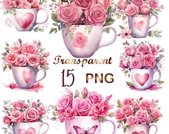 15 Valentine's roses in a cup PNG, Pink rose Valentines Clip Art, Valentine's Day clipart, Digital Download, Commercial Use