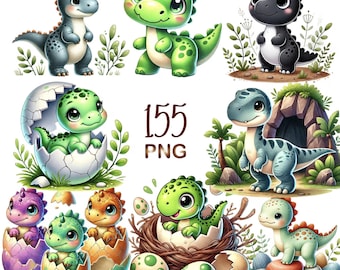 Watercolor Cartoon Dinosaur Clipart, 155PNG Baby Dinosaur Clipart, Dino Birthday Party Decor, Cute Dinosaurs, Instant Download