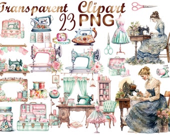 May include: A collection of 23 watercolor illustrations featuring sewing themed clipart. The clipart includes sewing machines, spools of thread, scissors, an iron, a teapot, a sewing box, a vintage sewing machine, a sewing basket, a framed picture, a sewing table, a lamp, a sewing chair, a dress form, a dress, and two women sewing.