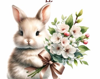 May include: A white bunny holding a bouquet of white and pink flowers with green leaves and a brown bow.