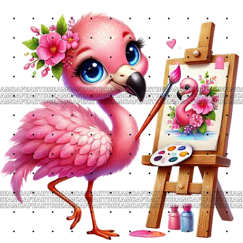 Op de afbeelding: Een roze flamingo met grote blauwe ogen en een bloemenkroon schildert een afbeelding van een flamingo op een houten ezel. De flamingo houdt een penseel in zijn snavel en er zijn verfbuizen en een palet met verf op de ezel.