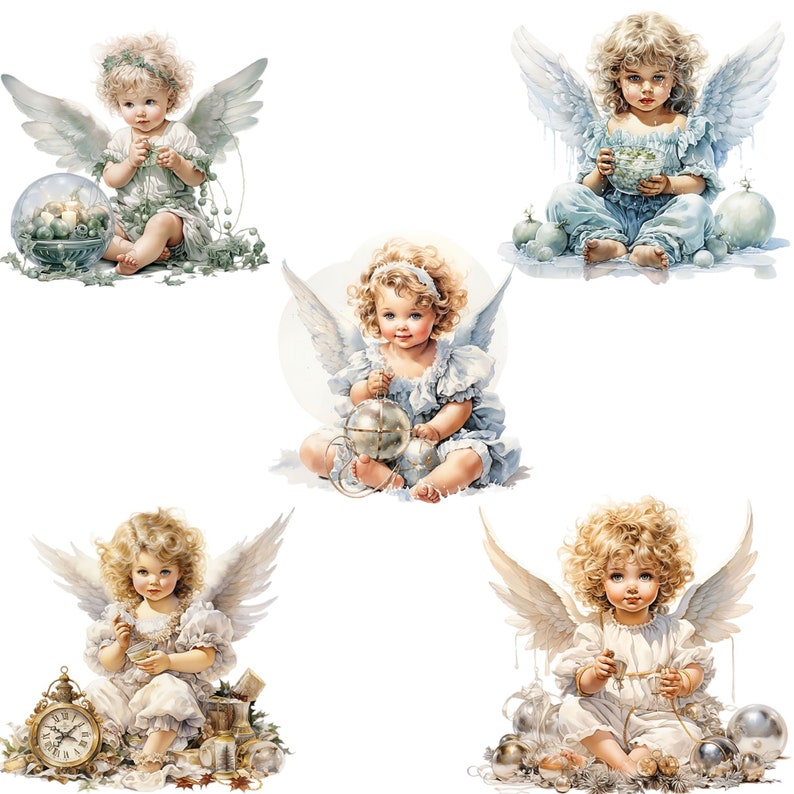May include: Five angels with wings, each holding a different object. The angels are wearing white and blue dresses and have blonde hair. The background is white.