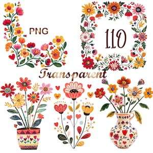 May include: A set of four digital clipart images featuring floral designs with red, yellow, and green accents. The images include a wreath with the number 110 in the center, a single floral arrangement, and two floral arrangements in vases.