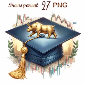 May include: A gold bull figurine standing on top of a blue graduation cap. The cap has a gold tassel with a dollar sign charm. The background is a watercolor illustration of a stock market chart.
