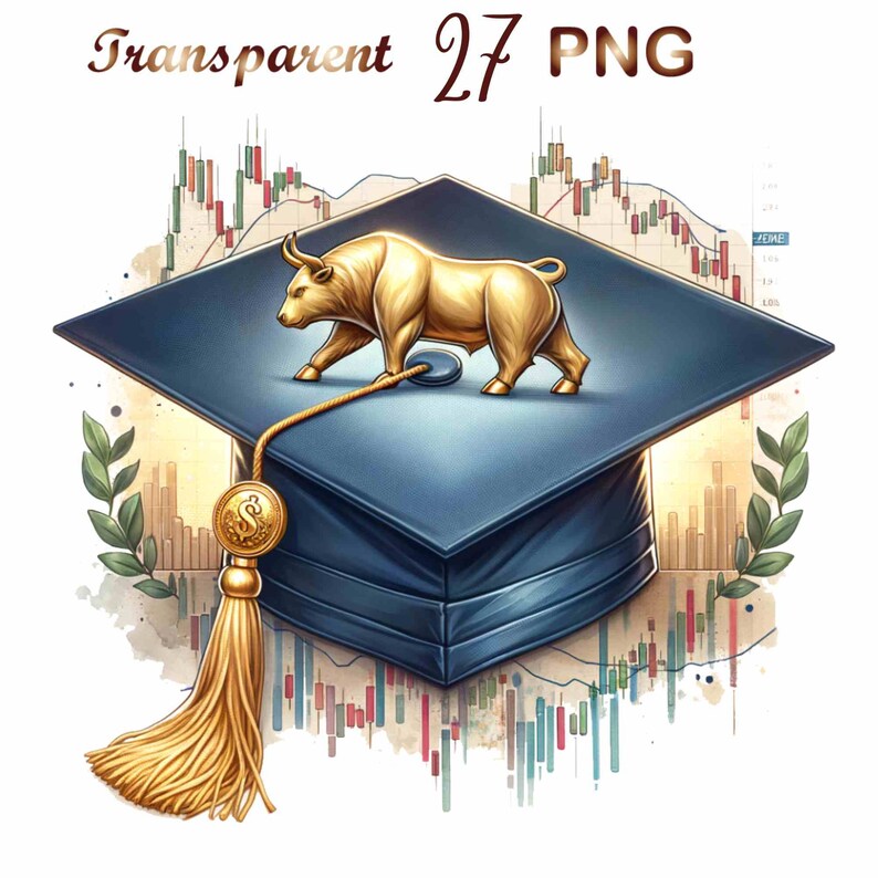May include: A gold bull figurine standing on top of a blue graduation cap. The cap has a gold tassel with a dollar sign charm. The background is a watercolor illustration of a stock market chart.