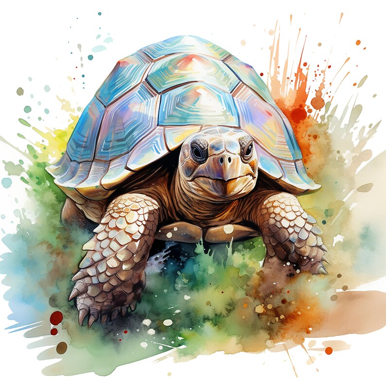 May include: A watercolor painting of a tortoise with a blue and green shell, walking on green grass with a watercolor background.