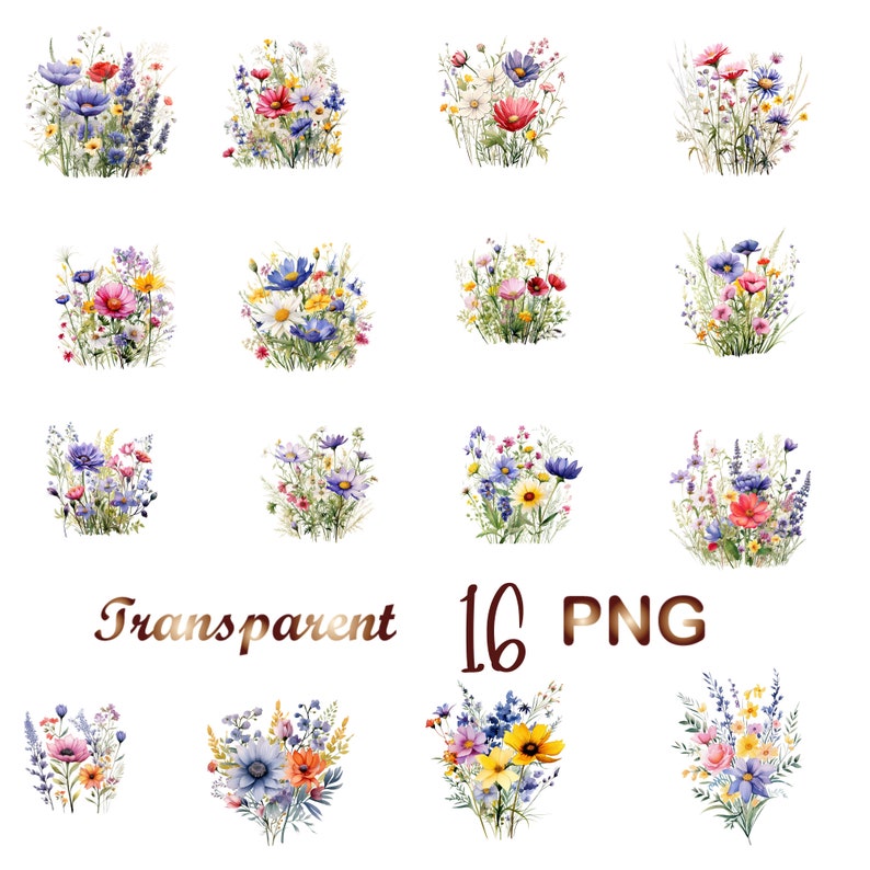 Peut inclure: Un ensemble de 16 illustrations &agrave; l'aquarelle de diff&eacute;rents bouquets de fleurs sauvages. Les fleurs sont dans des tons de rose, violet, bleu, jaune et blanc. Les bouquets sont dispos&eacute;s en grille sur un fond blanc. Le texte "Transparent 16 PNG" est en bas de l'image.