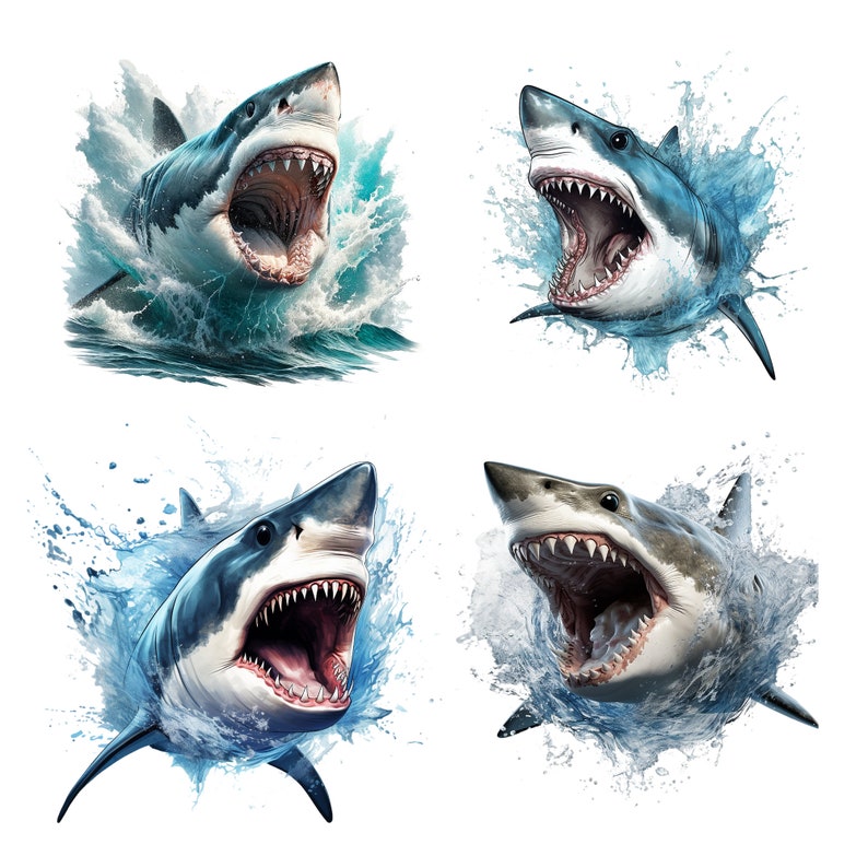 May include: Four images of a great white shark with its mouth open, leaping out of the water with splashes of water around it. The shark is white with a gray back and has sharp teeth.