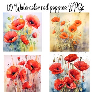 10 immagini JPG di papaveri rossi acquerellati, raccolta di clipart di papaveri rossi acquerellati, sfondo di campi di papaveri, clipart di papaveri fioriti, download digitale