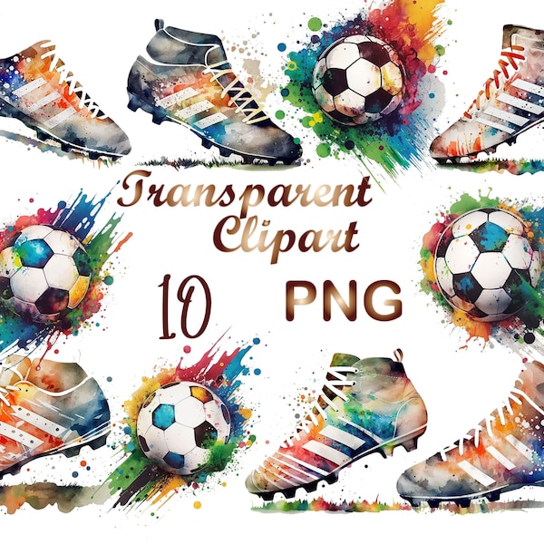 10 Soccer ball png,Soccer shoes png,Watercolor Clipart PNG, Soccer posters,Soccer printable art,Sublimation,Commercial use, Digital Download