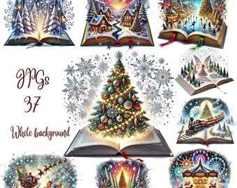 May include: A collection of digital illustrations featuring Christmas scenes emerging from open books. The images showcase festive elements like decorated Christmas trees, snowy landscapes, and a carousel, all set against a white background. The text "JPGs 37 White background" is also visible.