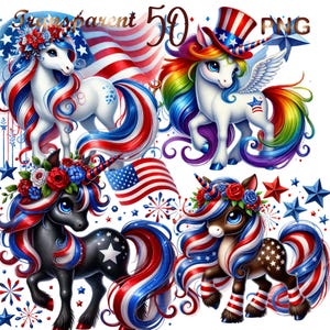 50 PNG set 2 4th of July Unicorns Clipart bundle, Festive Unicorn Graphics Designs, Instant Digital Download, Unlimited Commercial Use