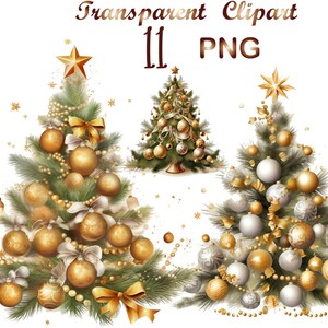 Puede incluir: Tres &aacute;rboles de Navidad dorados y blancos decorados con adornos, cuentas y lazos. Los &aacute;rboles est&aacute;n sobre un fondo blanco.