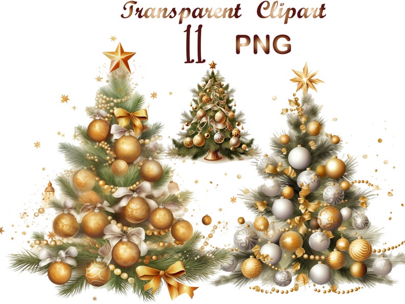 Puede incluir: Tres &aacute;rboles de Navidad dorados y blancos decorados con adornos, cuentas y lazos. Los &aacute;rboles est&aacute;n sobre un fondo blanco.