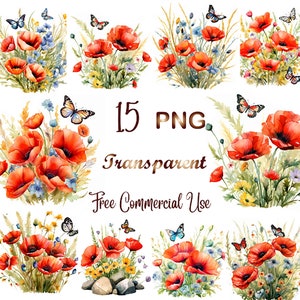 15 Patches of Poppies Clipart PNG, Watercolor California poppy flowers, California Poppy Clipart, Instant Download,Commercial use