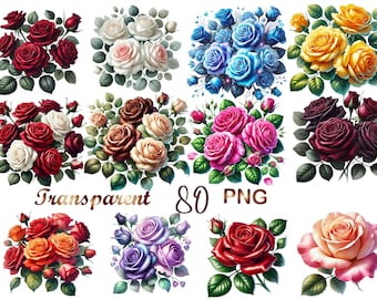 Pacchetto di 80 clipart di rose in formato PNG, grafica floreale ad acquerello, rosa vintage, fiori gotici, download immediato, utilizzo commerciale.