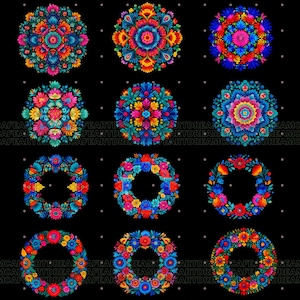 May include: Nine vibrant floral designs on a black backdrop. The designs include circular mandalas and wreath shapes, featuring bright shades of red, blue, yellow, and green. The floral patterns are intricate and detailed, with a variety of flower types.