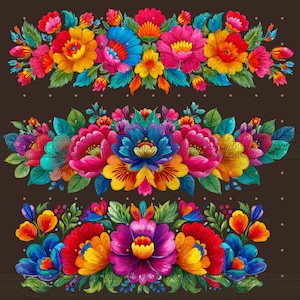 May include: A colourful floral design with three rows of flowers. The flowers are in shades of red, orange, yellow, blue, and pink, with green leaves. The background is a dark brown colour.