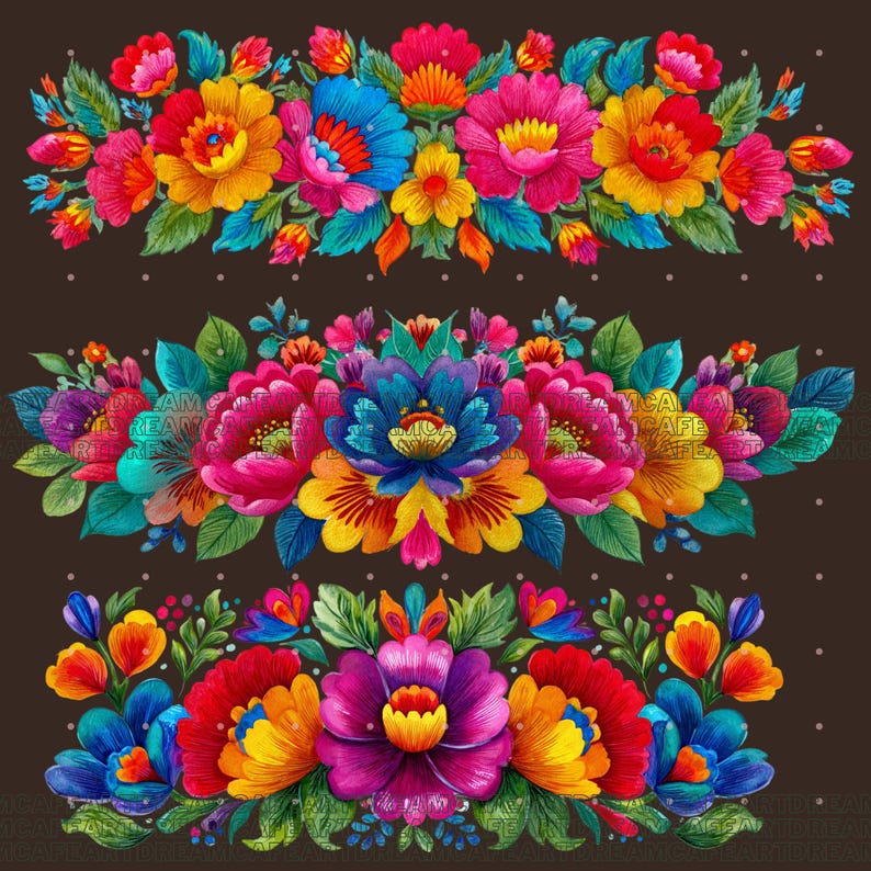May include: A colourful floral design with three rows of flowers. The flowers are in shades of red, orange, yellow, blue, and pink, with green leaves. The background is a dark brown colour.