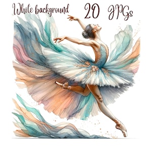 May include: A watercolor painting of a ballerina in a white tutu with a blue bodice, leaping through the air. The background is a white background with a watercolor wash of blue, green, and pink.