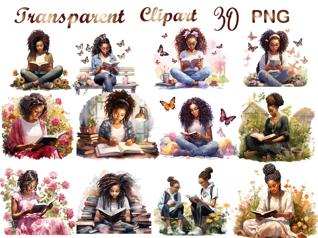 30 Watercolor Black Girl Reading Book Clipart PNG, Watercolor Bookworm ...