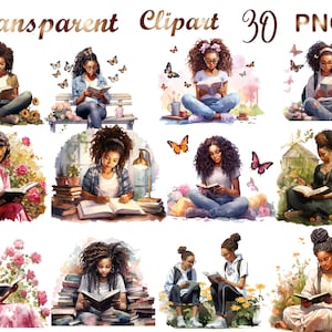 30 Watercolor black girl reading book clipart PNG, watercolor bookworm black girl clipart, Book lover black girl clipart,digital paper craft