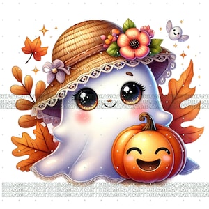 May include: A white ghost wearing a straw hat with lace trim and flowers, holding a smiling orange pumpkin. The ghost has large eyes and rosy cheeks. The background features fall leaves and snowflakes.