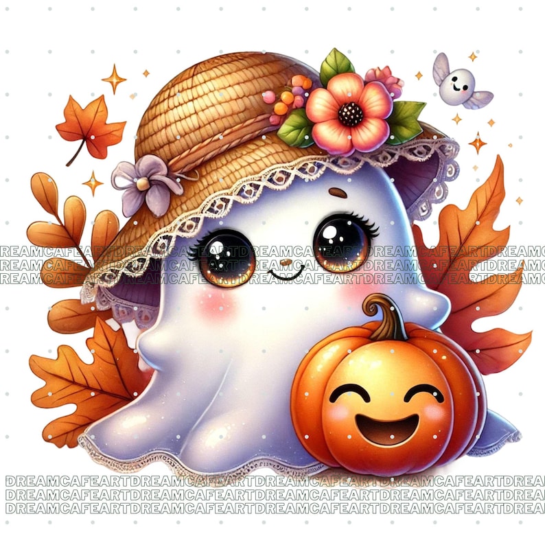 May include: A white ghost wearing a straw hat with lace trim and flowers, holding a smiling orange pumpkin. The ghost has large eyes and rosy cheeks. The background features fall leaves and snowflakes.