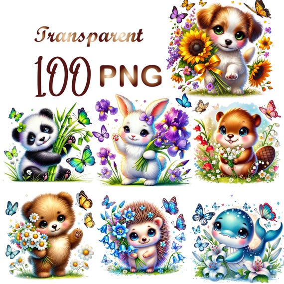 100 png, Baby Animals Clipart bundle,Safari Animal Clipart,Forest  Animal Clipart bundle,Cute Baby Animal Bundle,Floral Baby Animals Clipart