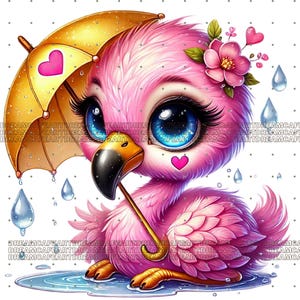 Op de afbeelding: Een roze flamingo met grote blauwe ogen en een gele paraplu houdt de paraplu boven zijn hoofd. De flamingo staat in een plas water met regendruppels die eromheen vallen. De flamingo heeft een roze bloem op zijn hoofd.