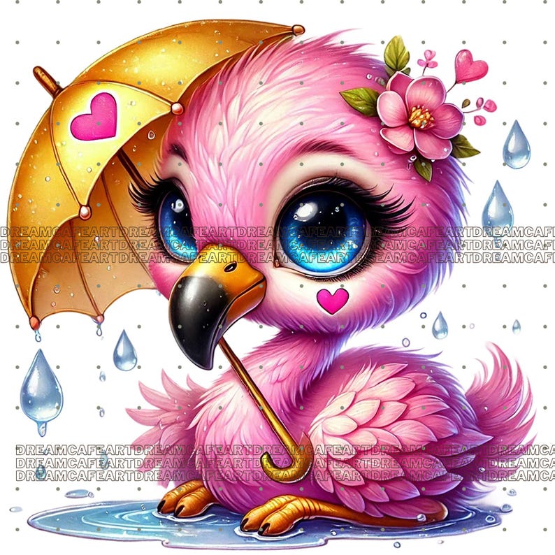 Op de afbeelding: Een roze flamingo met grote blauwe ogen en een gele paraplu houdt de paraplu boven zijn hoofd. De flamingo staat in een plas water met regendruppels die eromheen vallen. De flamingo heeft een roze bloem op zijn hoofd.