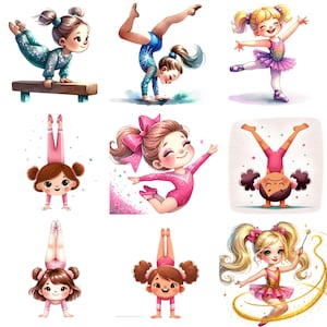 Puede incluir: Nueve ilustraciones de ni&ntilde;as realizando diferentes poses de gimnastique. Las ni&ntilde;as llevan leotardos rosas y azules con detalles de purpurina. Algunas de las ni&ntilde;as llevan lazos en el pelo. Todas las ni&ntilde;as sonr&iacute;en y tienen el pelo largo.