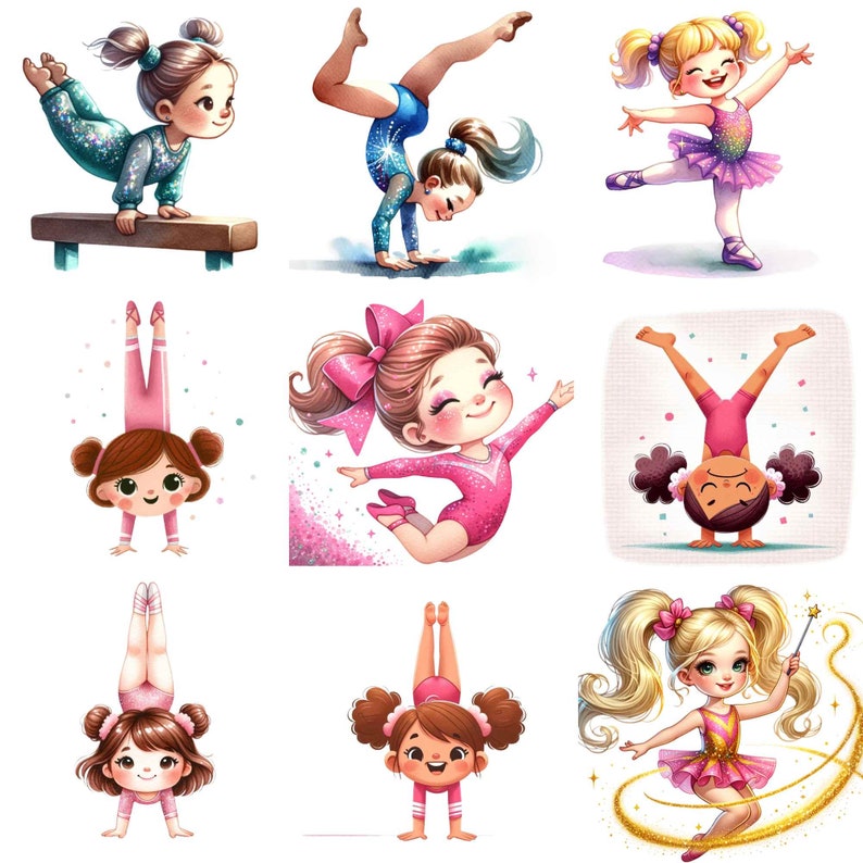 Puede incluir: Nueve ilustraciones de ni&ntilde;as realizando diferentes poses de gimnastique. Las ni&ntilde;as llevan leotardos rosas y azules con detalles de purpurina. Algunas de las ni&ntilde;as llevan lazos en el pelo. Todas las ni&ntilde;as sonr&iacute;en y tienen el pelo largo.